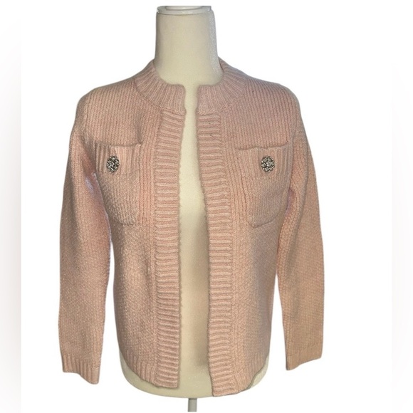 ANN TAYLOR Light Pink Jeweled Button Sweater Jacket Chanel Cardigan XS Petite - Picture 10 of 11